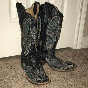 Bling Corral Wing/Cross Boots, Black and Turquoise